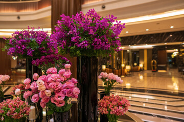 Flowers in the foyer. hotel lobby