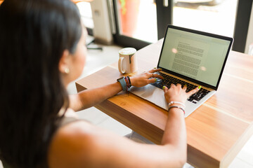 Rear view of a freelancer woman working on the laptop