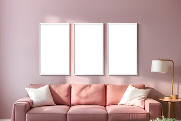 three wooden frames on pink and white wall, blank frame mockup