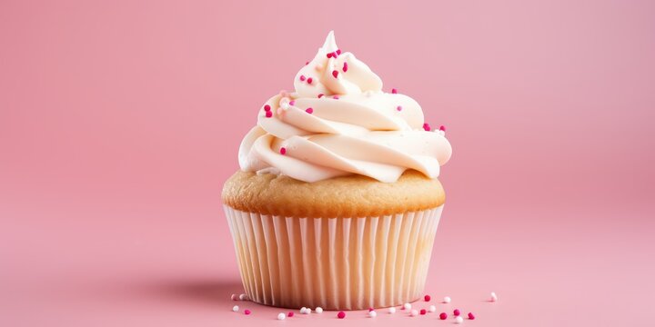 Vanilla cupcake with cream cheese frosting and pink sprinkles on a pink background. Valentine's Day or birthday dessert.