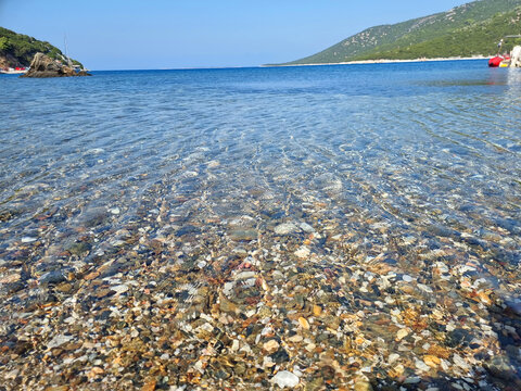 skyros or skiros island, pefkos beach pine trees beside the sea summer destination in greece