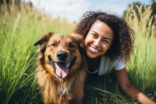 laughing woman and her dog lying on the drass together, top view, AI Generated