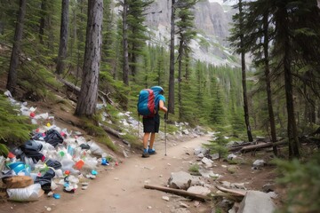 Obraz premium environmental problem, plastic garbage in the mountains and forest on the path where the tourist walks