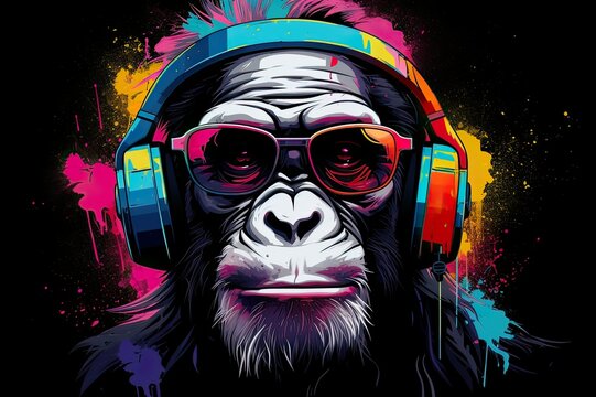 Popart monkey with sunglasses and headphones, colourful and unique