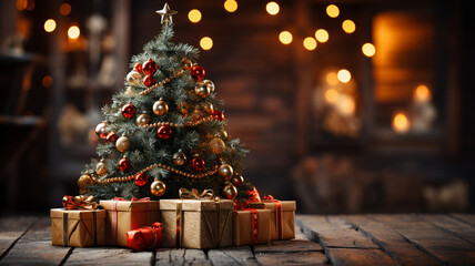 christmas tree in the dark background with a garland of lights.genberative ai