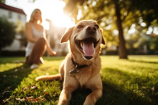 Laughing Woman And Her Dog Lying On The Drass Together, Top View, AI Generated