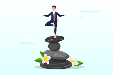 Calm young man meditate in yoga pose and balance on rock stack, harmony, balance or meditation, mindfulness relaxation for life wellness, zen or spiritual therapy, focus or concentration (Vector)