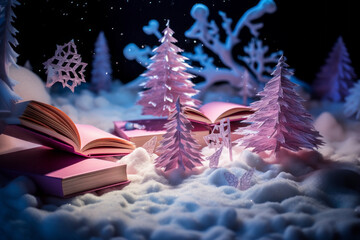 Trendy winter holidays background with books in vibrant gradient holographic neon colors. Flat lay. Education, knowledge, Holiday book sale or Black Friday concept. Generative AI.