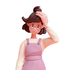 Portrait cute kawaii positive excited asian k-pop girl in fashion casual clothes purple overalls touches her head with hand, stands with confused face expression. 3d render isolated transparent.