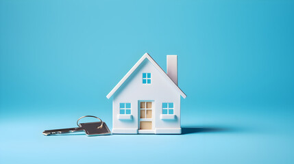 The real estate concept, a small white colored toy house and door key on the light blue colored backdrop.