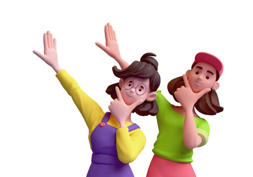 Portrait of two cute kawaii positive excited asian colorful active k-pop girls in fashion clothes touch their chin with index finger, thumb, one hand is raised up. 3d render isolated transparent.