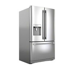 Isolated stainless steel double door fridge freezer in modern kitchen.