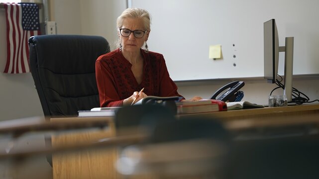 Tired female teacher with frustration at school classroom desk with US American flag in the background.