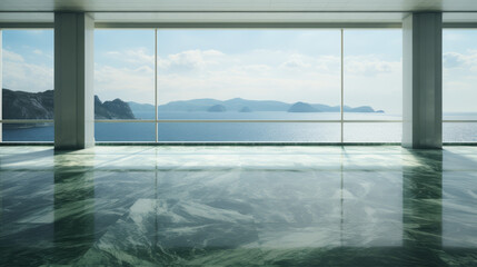 a large green marble room with a view of the sea