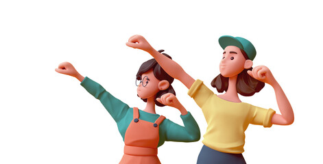 Two cute kawaii excited asian colorful active superheroes in fashion green orange yellow clothes in fighting pose, hands in fist, strong gesture, sports training. 3d render isolated transparent.