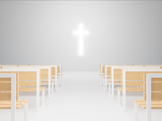 Generic bright modern church 3d rendering, large glowing christian cross. Contemporary pray house illustration, religious themes