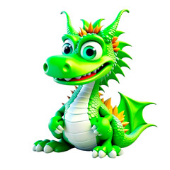 Cartoon dragon of green color, good-natured with a smile, without background