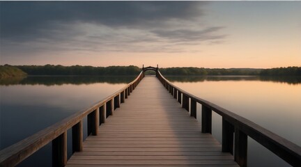 A long, wooden bridge that curves over a body of water.
AI-generated