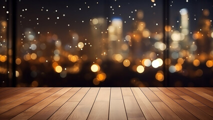 Empty wooden table with city night view background, for product display