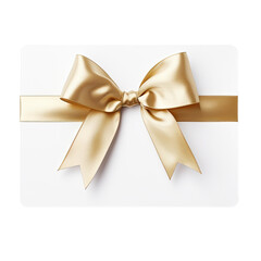 Fototapeta premium White gift card with gold ribbon and bow tie. Ideal for Christmas, sales, gifts, and seasonal discounts. Isolated on transparent with included clipping path.