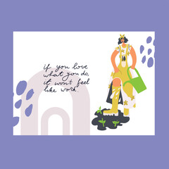 Woman watering green sprouts vector illustration. Gardener hobby and profession concept.