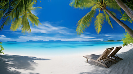 Pristine Tropical Beach Scene: Sunbeds Under Tropical Palm Trees Where White Sand Meets Azure Sea. Generative Ai. 