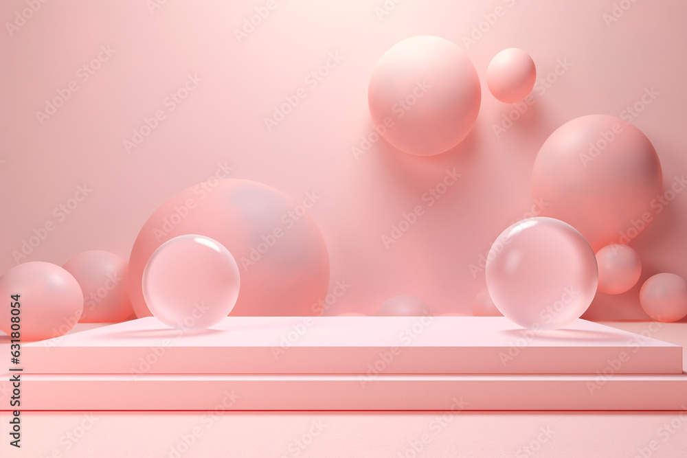 Poster minimal pink product podium with soap bubbles.minimal background for products,cosmetic presentation.