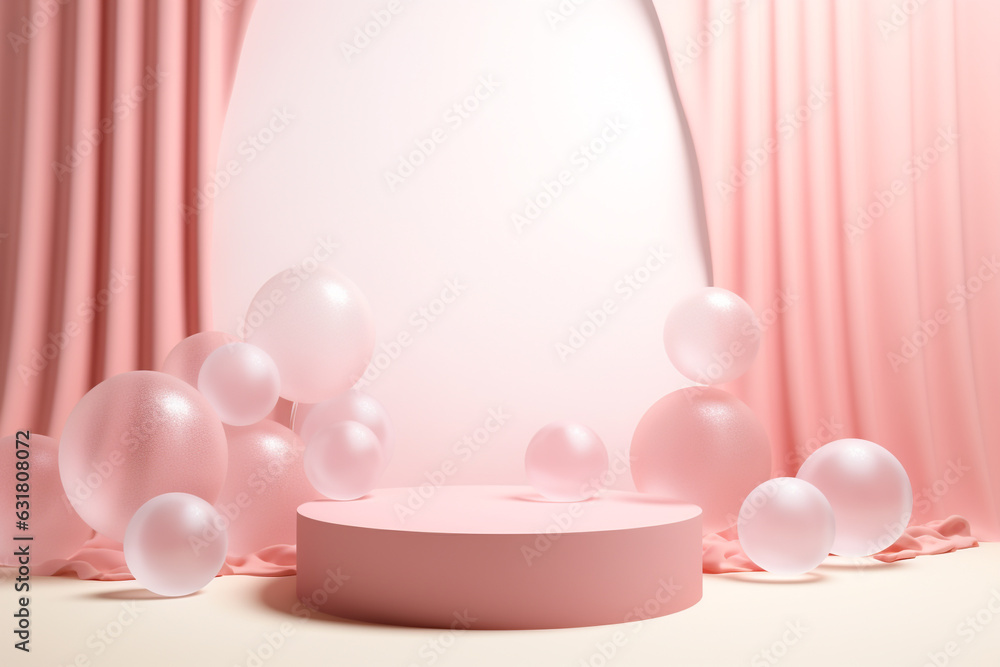 Poster minimal pink product podium with soap bubbles.minimal background for products,cosmetic presentation.