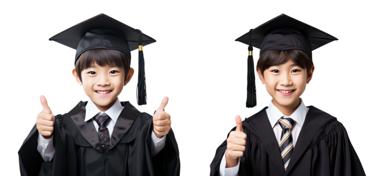 Asian children in graduation cap and gown giving a thumbs up isolated on transparent background - Fictional Person, Generative AI - Powered by Adobe