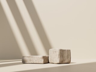 Podium, stand on pastel light stucco background. Unobtrusive background with plant and shadow on the wall -3D render.Mock up for exhibitions, presentation of products, therapy, relaxation and health.	