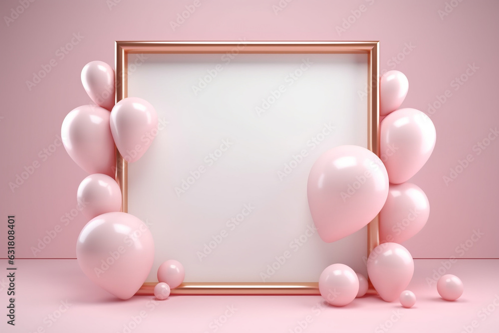 Poster empty frame for birthday or valentine's day with balloon.minimal background for products presentatio