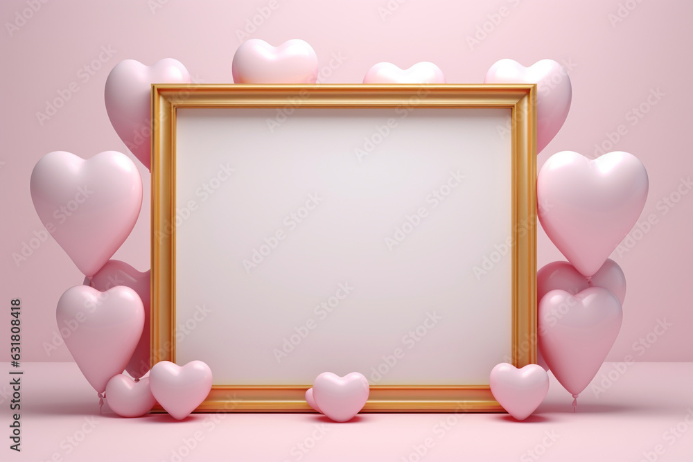 Poster empty frame for birthday or valentine's day with balloon.minimal background for products presentatio