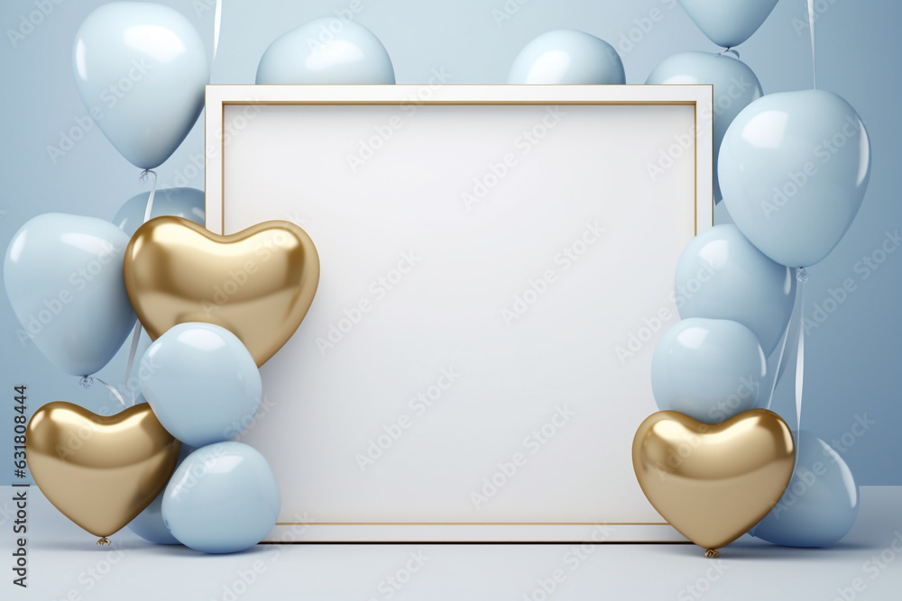 Poster empty frame for birthday or valentine's day with balloon.minimal background for products presentatio