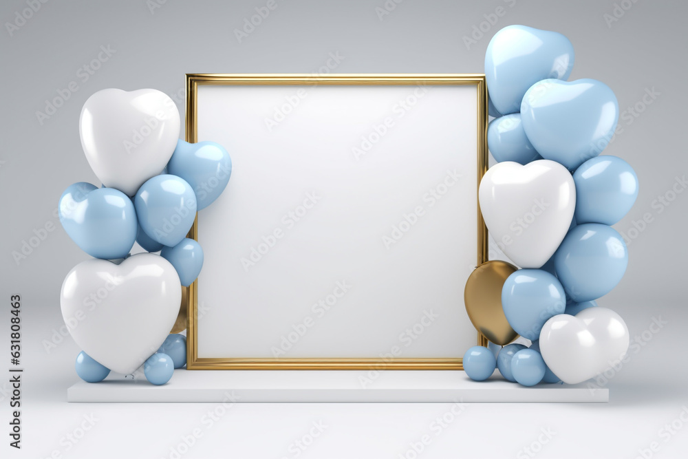 Poster empty frame for birthday or valentine's day with balloon.minimal background for products presentatio
