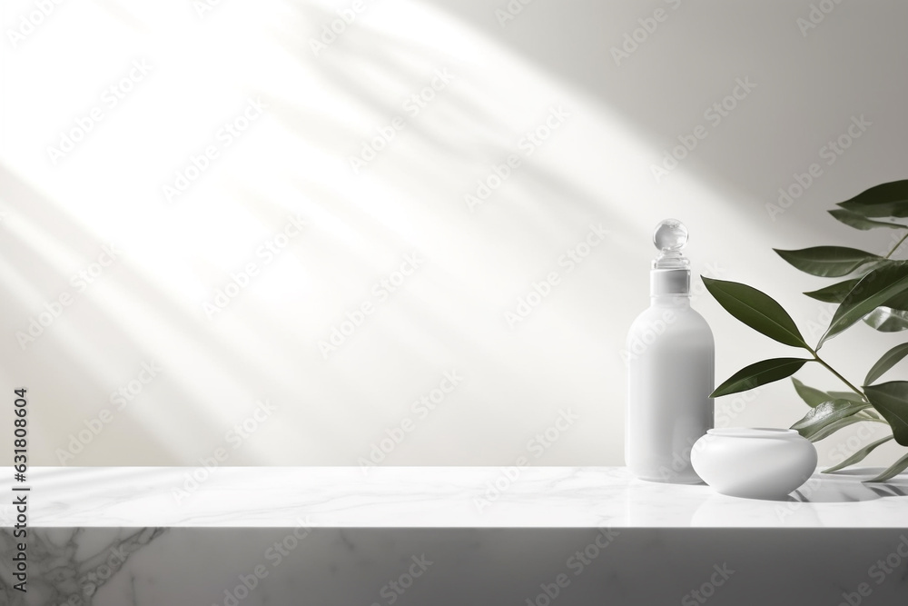 Aufkleber close up of empty white marble table counter podium with stone white wall .minimal background for pr