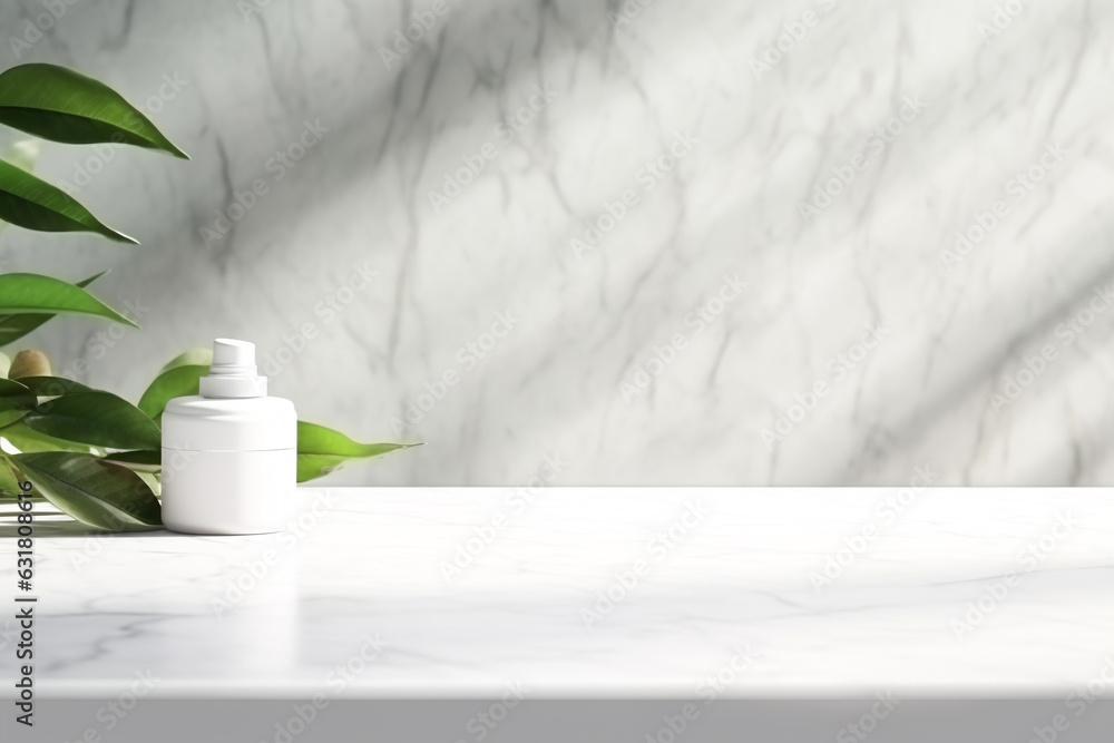 Aufkleber close up of empty white marble table counter podium with stone white wall .minimal background for pr