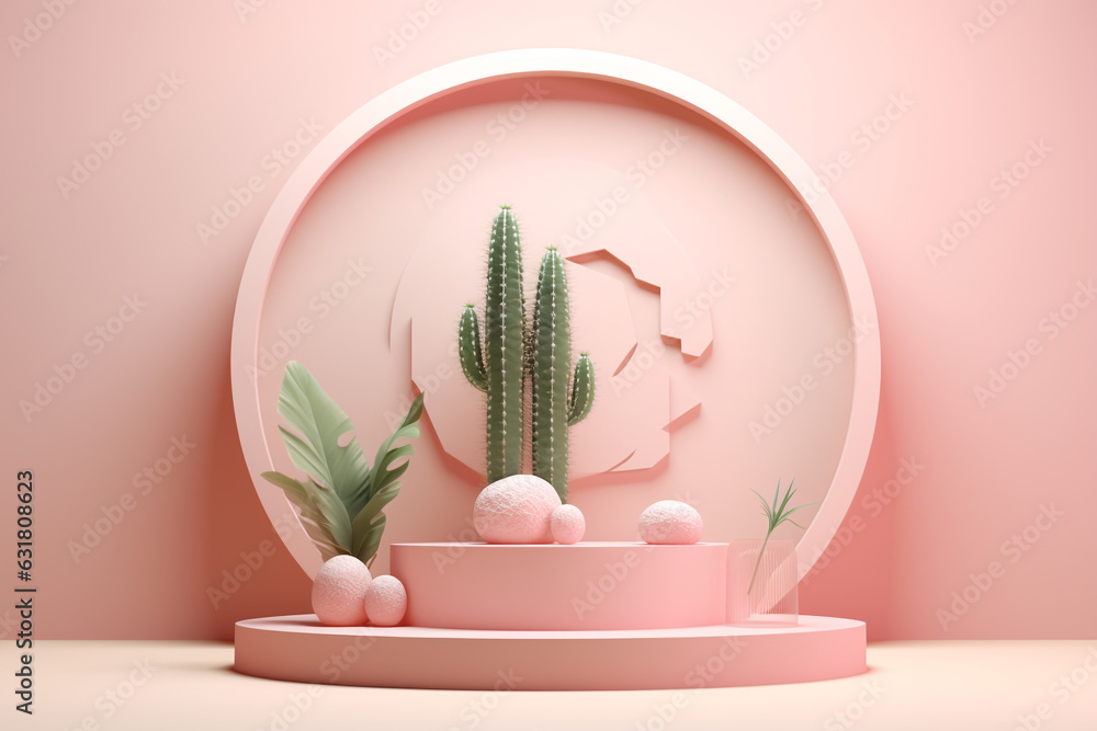 Poster minimal pastel product display background with cactus.minimal background for products presentation.c