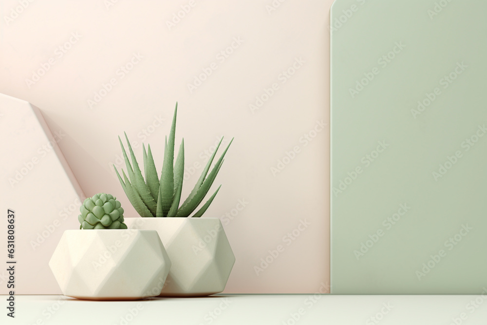 Poster minimal pastel product display background with cactus.minimal background for products presentation.c