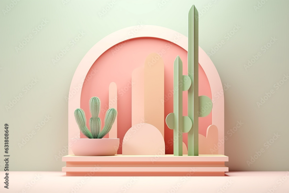 Poster minimal pastel product display background with cactus.minimal background for products presentation.c