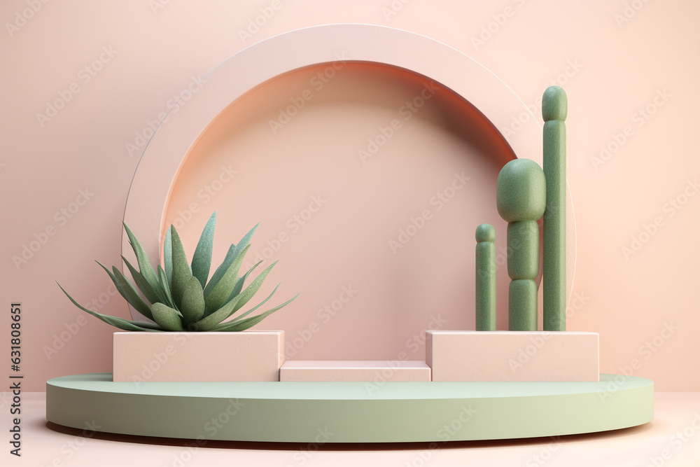 Poster minimal pastel product display background with cactus.minimal background for products presentation.c