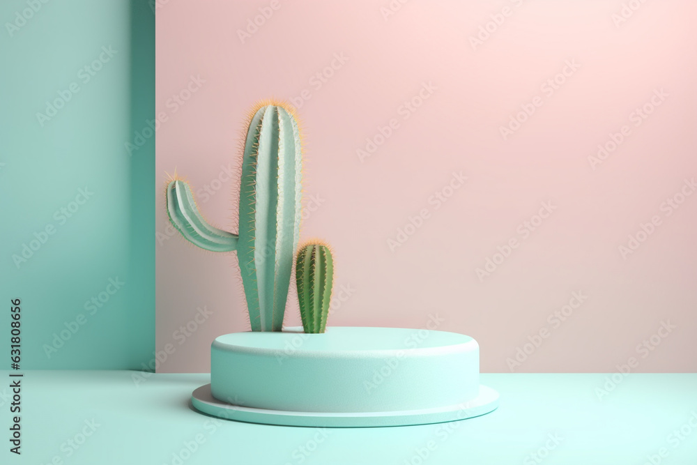 Poster minimal pastel product display background with cactus.minimal background for products presentation.c