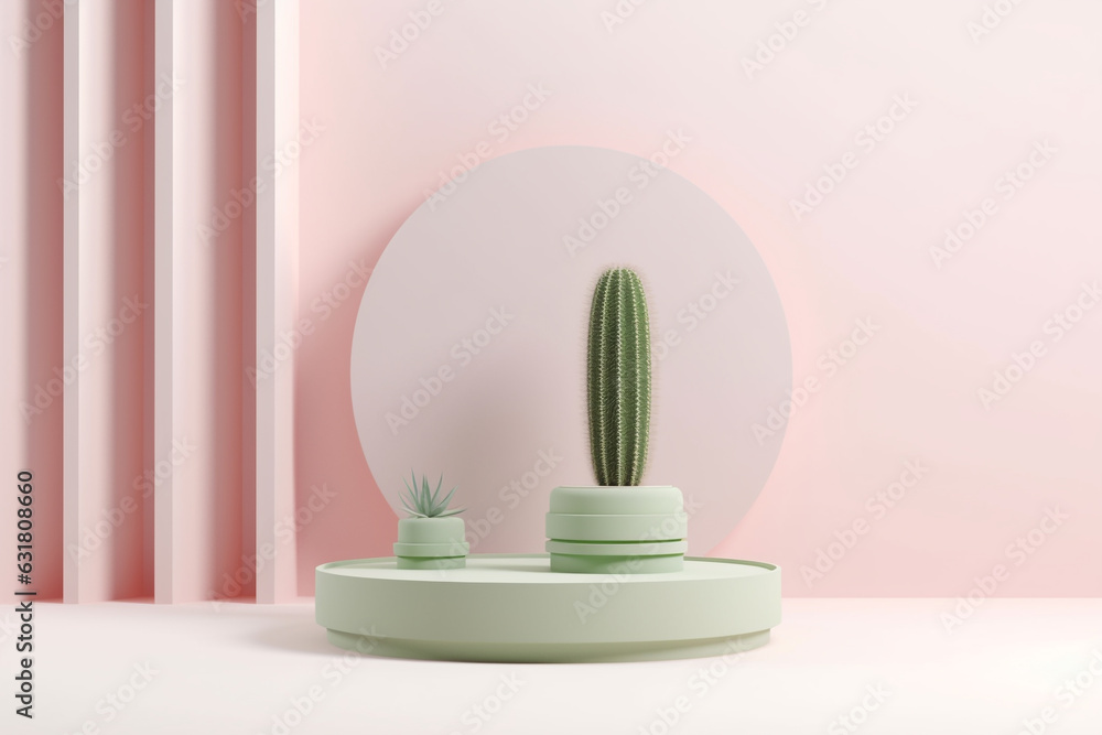 Poster minimal pastel product display background with cactus.minimal background for products presentation.c