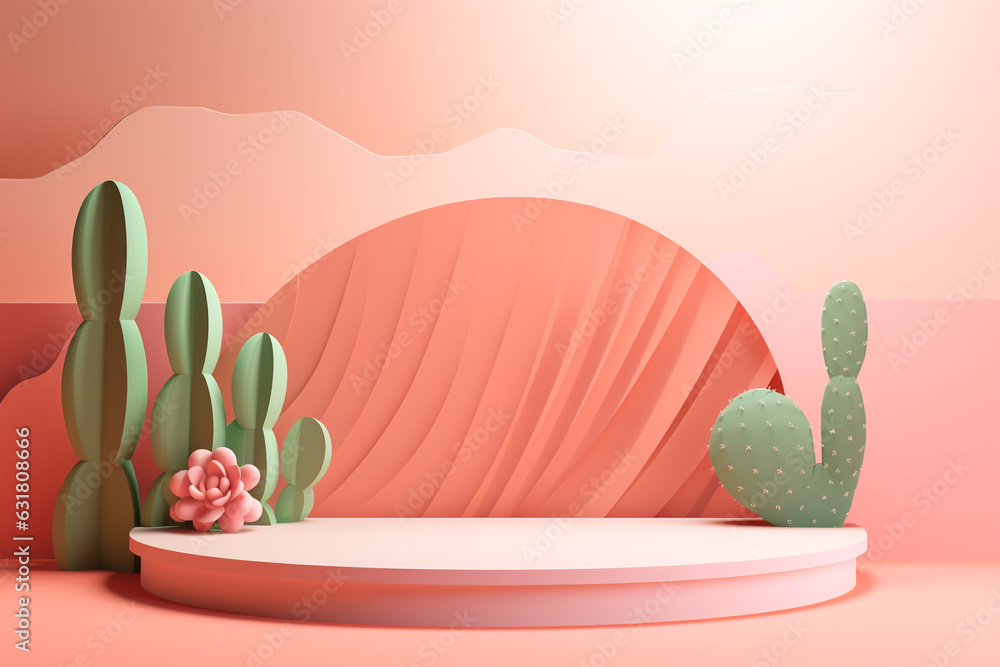 Poster minimal pastel product display background with cactus.minimal background for products presentation.c