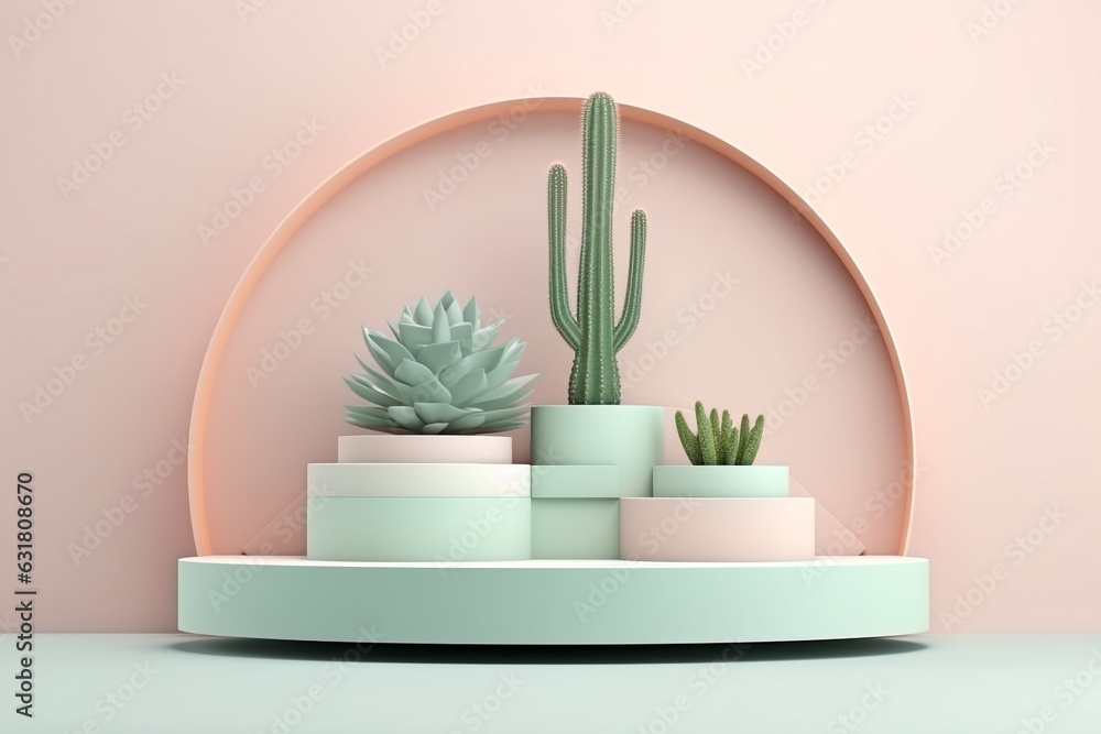 Poster minimal pastel product display background with cactus.minimal background for products presentation.c