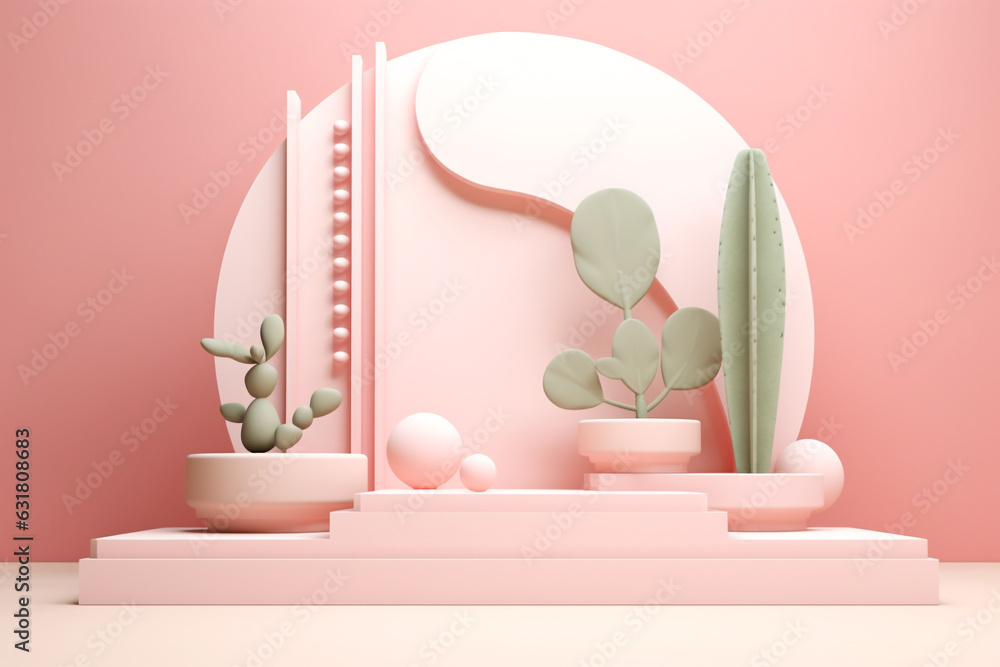 Poster minimal pastel product display background with cactus.minimal background for products presentation.c