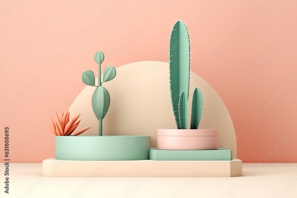 Poster minimal pastel product display background with cactus.minimal background for products presentation.c