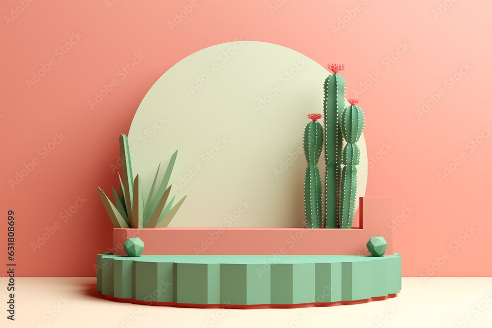 Poster minimal pastel product display background with cactus.minimal background for products presentation.c