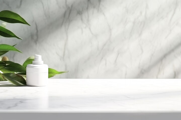 Fototapeta premium Close up of Empty white marble table counter podium with stone white wall .Minimal background for products presentation.Created with Generative AI technology