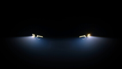 Car headlight blinking in Dark. Sports car Headlight. Switching of car LED headlights in night © wedmoments.stock