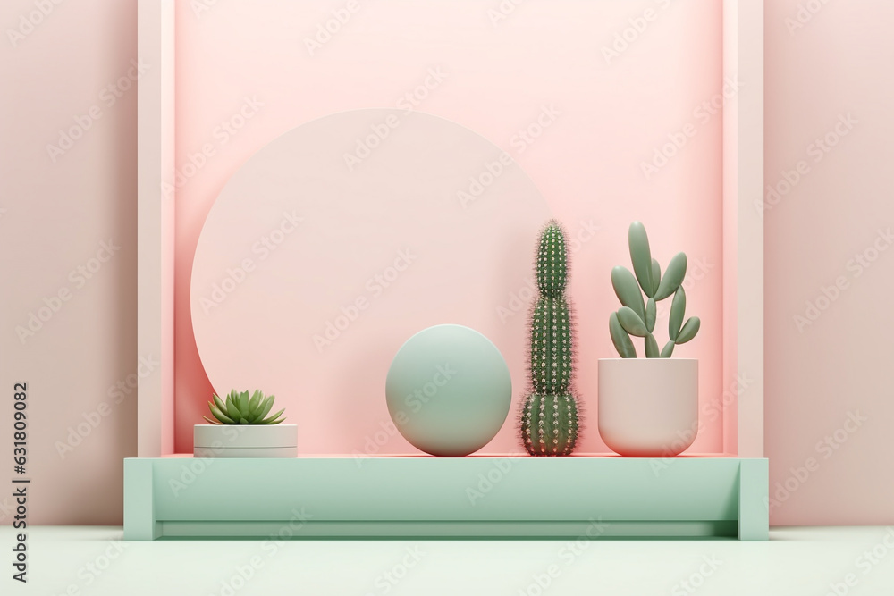Poster minimal pastel product display background with cactus.minimal background for products presentation.c